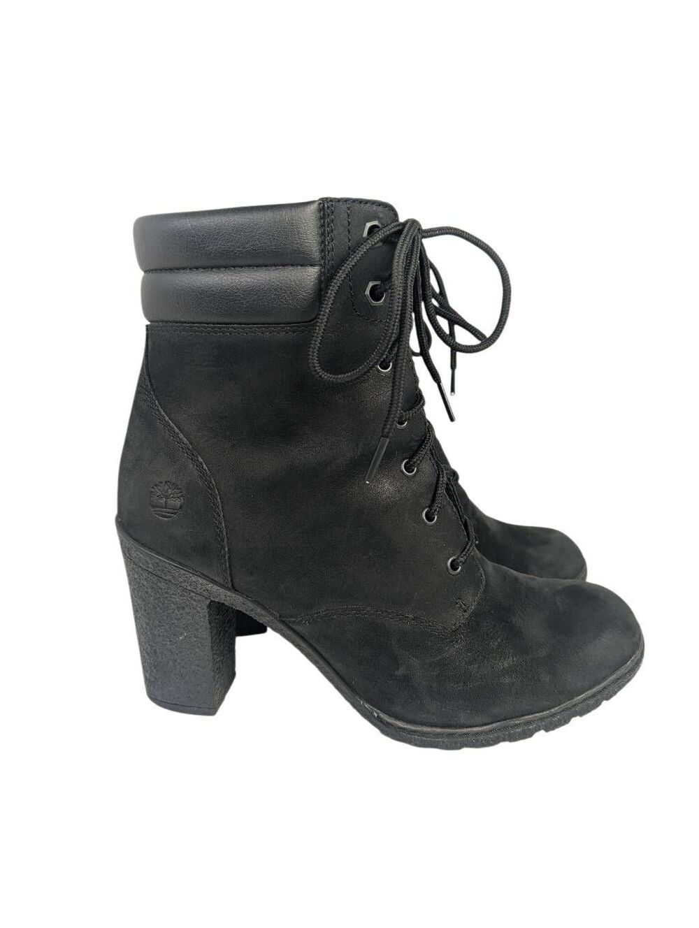 Timberland Tillston black leather lace up combat boot heels booties womens 8.5